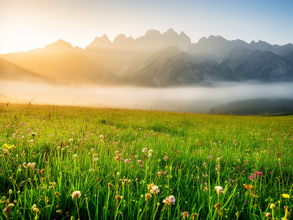 Panorama di un prato verde e rigoglioso con fiori selvatici in primo piano e montagne sullo sfondo avvolte da una leggera nebbia mattutina, luce dorata del sole all'alba