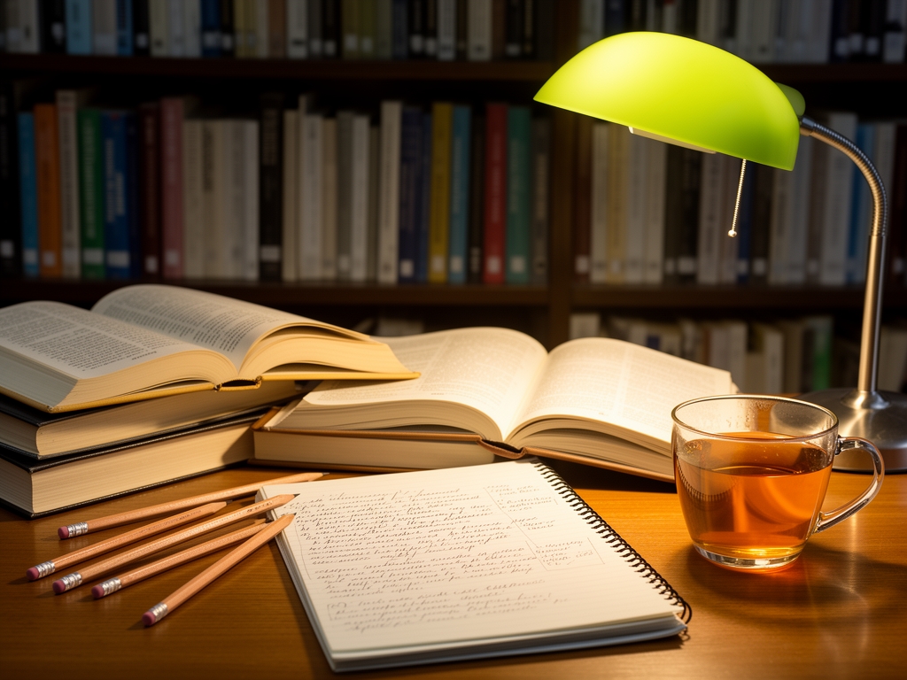 Scrivania ordinata con libri scientifici aperti, blocco note con appunti scritti a mano, matite e una tazza di tè, sfondo di libreria con volumi, luce calda di lampada da tavolo